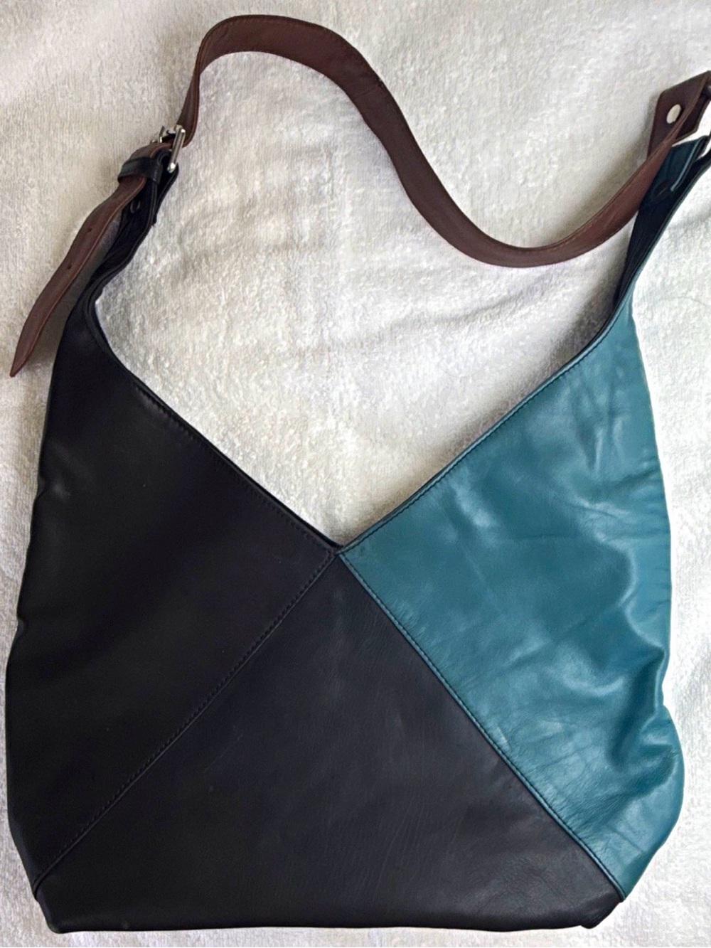 Leather Two-Tone Hobo Bag in Black and Teal